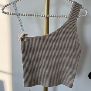 NSR One Shoulder Ribbed Knit Crop Top in Taupe - XS
